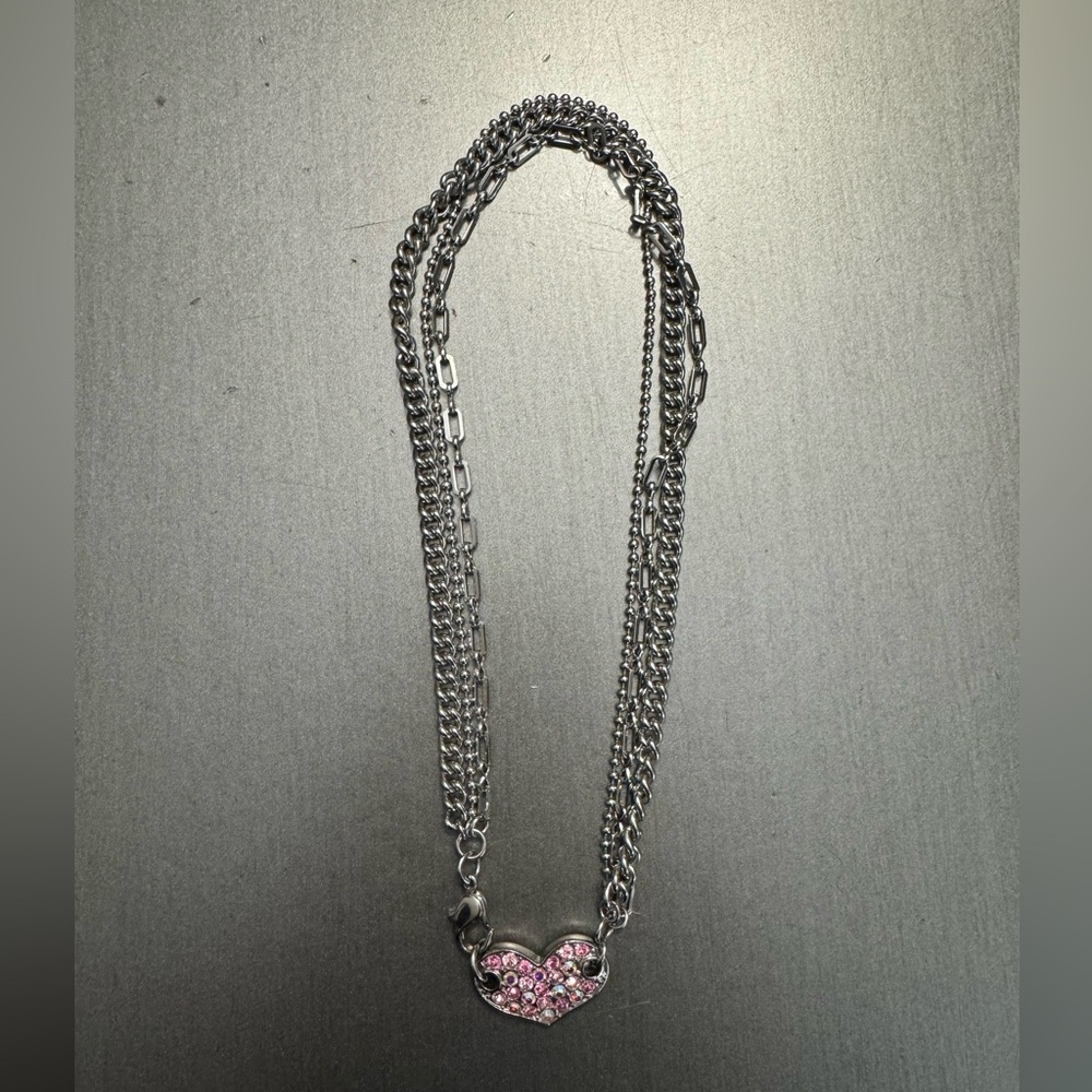 Guess vintage Silver Heart Pendant multi chain with Pink rhinestone Accents